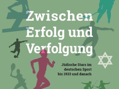 Ausstellung: Jüdische Stars im Sport. Zwischen Erfolg und Verfolgung. Sportler-Silhouetten und Davidstern.