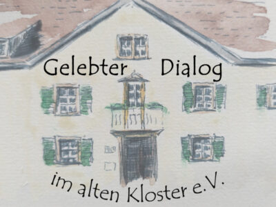 Aquarell Gelebter Dialog im alten Kloster e.V. zeigt Fassade mit Fenstern und Text.