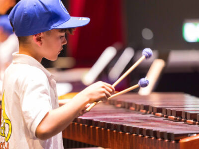 Junge spielt Marimba. Musikinstrument, Konzert, Musiker mit Schlägeln.