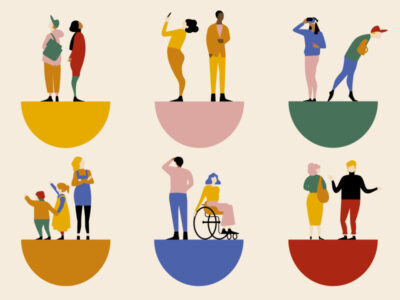 Illustration von Menschen in verschiedenen Situationen. Vielfalt und Inklusion im Fokus.